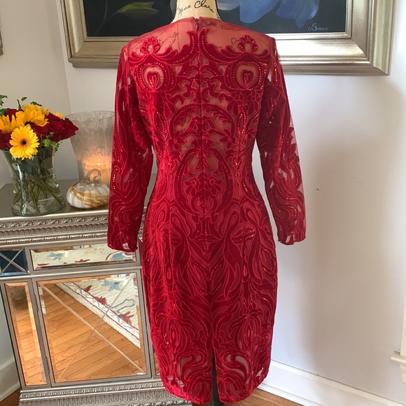 MARCHESA Notte Designer Velvet Sequin long sleeve dress red 6 8 sheer - Picture 6 of 11